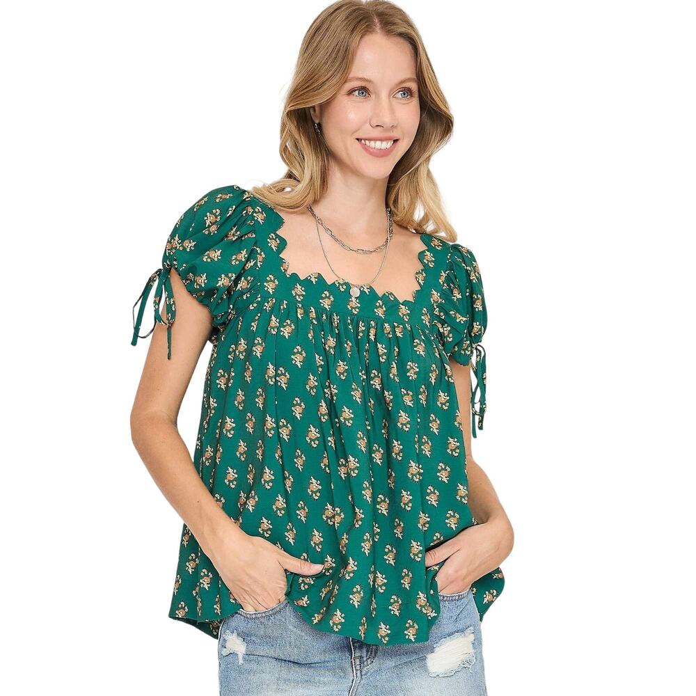Umgee Green Floral Smocked Peasant Blouse Puff Sleeve Boho NWT Size L